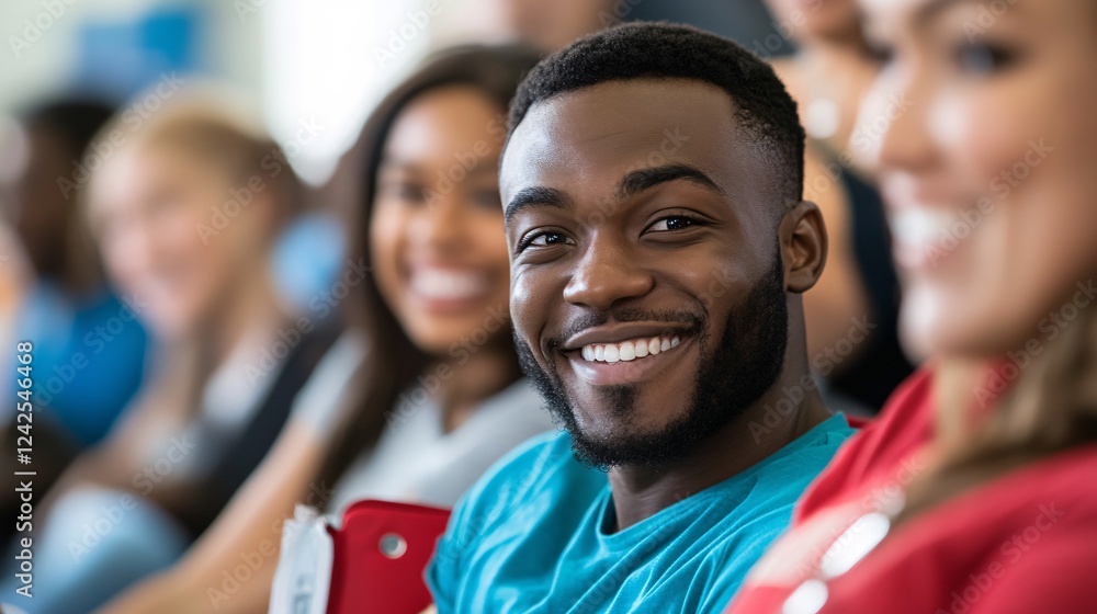 Poster male university student happily listening to a lecture and smiling among his classmates