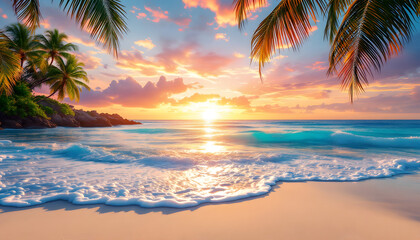 Obraz premium Stunning Tropical Sunset Beach Scene with Palm Trees
