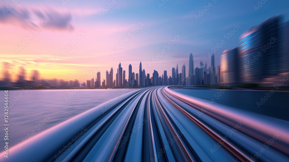Poster hyperloop train conceptual visualization of a hyperloop system moving through cities, showing its po