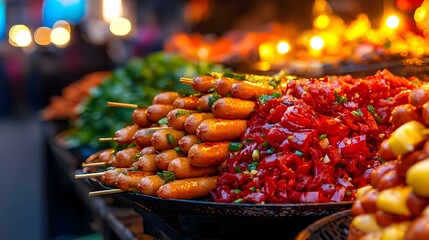 Grilled Sausages and Spicy Peppers at Night Market