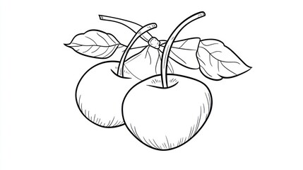 Two cherries with leaves, drawing, white background, coloring book illustration