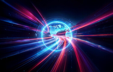 Obraz premium A glowing blue digital Earth surrounded by concentric circles on a black background.