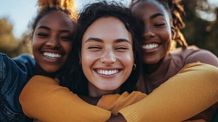 Fototapeta premium Three young women are hugging and smiling outdoors