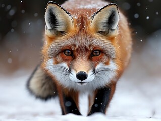 Obraz premium A red fox is standing in the snow looking at the camera