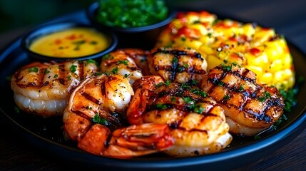 Grilled Shrimp and Scallops with Corn and Dipping Sauces