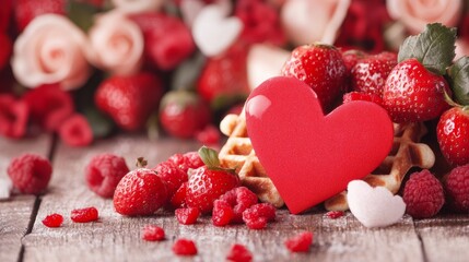 Romantic Valentine's Day Waffles with Berries and Heart