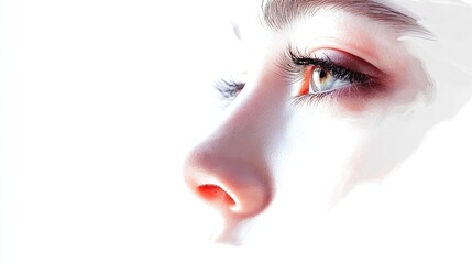 Obraz premium Elegant close-up portrait of a young woman with mesmerizing hazel eyes and delicate features on a bright white background.