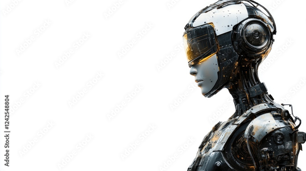 Poster futuristic robotic engineer wearing a sleek metallic helmet with illuminated visor positioned on the
