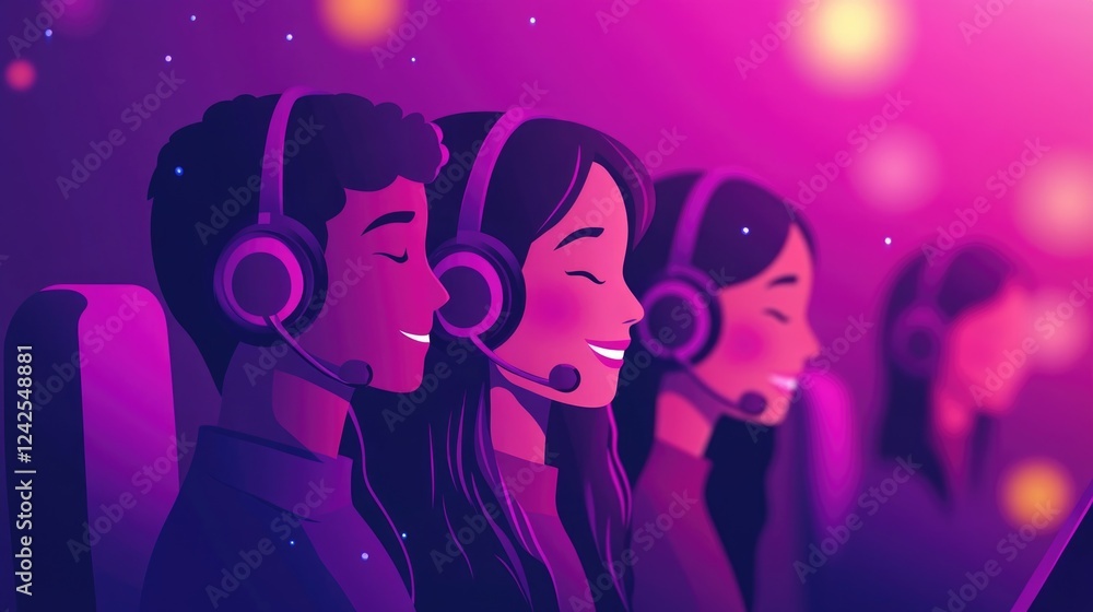 Poster diverse call center team in colorful headset communication assisting clients with tech support servi