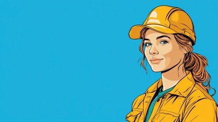 Friendly female construction worker wearing a yellow hard hat and jacket against a vibrant blue background, showcasing confidence and professionalism.