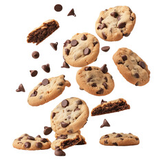 Flying pile cake crumbs chocolate chip cookies isolated on transparent white background, clipping path