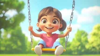 Joyful young girl swinging in vibrant green park under clear blue sky, wearing pink shirt and blue jeans, enjoying carefree childhood moments.