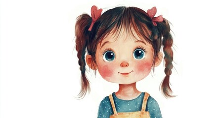 Cheerful young girl with pigtails and bows smiling, featuring bright blue eyes, rosy cheeks in playful attire, isolated on a clean white background.