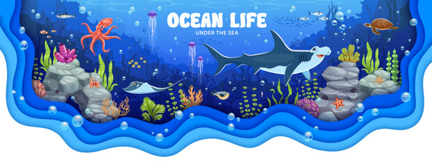 Ocean life banner with underwater landscape and sea animals with vector borders of paper cut waves. Cartoon hammerhead shark, octopus, fish and crab characters on sea bottom 3d paper cut poster © Vector Tradition