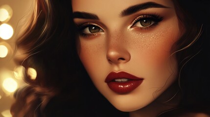 Fototapeta premium Captivating close-up portrait of a beautiful young woman with curly brunette hair and elegant makeup featuring warm tones and highlighted skin, set against a soft glow background.