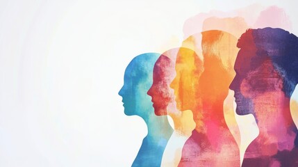 Colorful Silhouettes of Diverse Human Profiles Illustrating Information Statistics and Research Sharing Concept on White Background