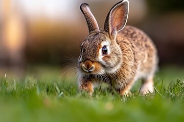 Fototapeta premium A small brown rabbit walking across a lush green field