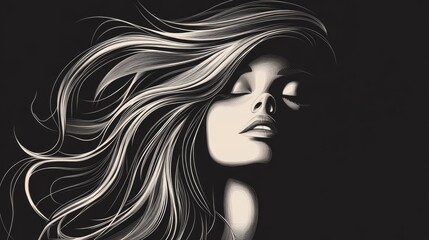 Naklejka premium Elegant monochrome portrait of a woman with flowing hair and radiant skin, emphasizing the beauty and cosmetic elements in a minimalist style.