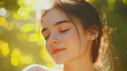Fototapeta premium Joyful young woman with gentle smile and closed eyes in vibrant summer park, soft sunlight filtering through lush green foliage, pastel tones.
