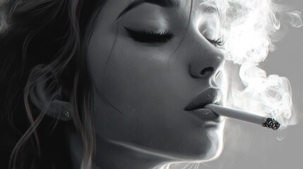 Obraz premium Confident young woman with wavy auburn hair exhaling cigarette smoke in monochrome, capturing a moment of sophistication and allure.