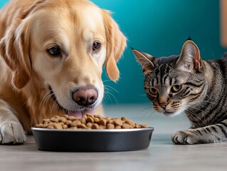 A dog and a cat eating out of a bowl of food