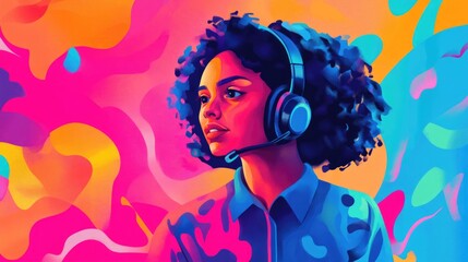 Colorful portrait of a young woman with curly hair wearing headphones in a vibrant customer support environment, featuring abstract shapes and bright hues.