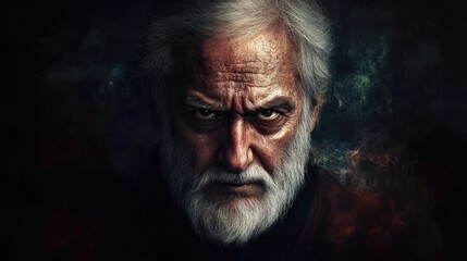 Intense portrait of a mature man with a white beard and piercing gaze on a dark smoky background, conveying deep emotions and wisdom