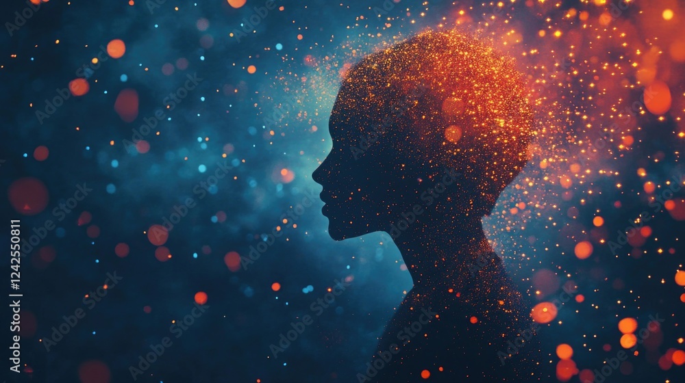Poster silhouette of a person against a vibrant blue and orange background with glowing particles represent