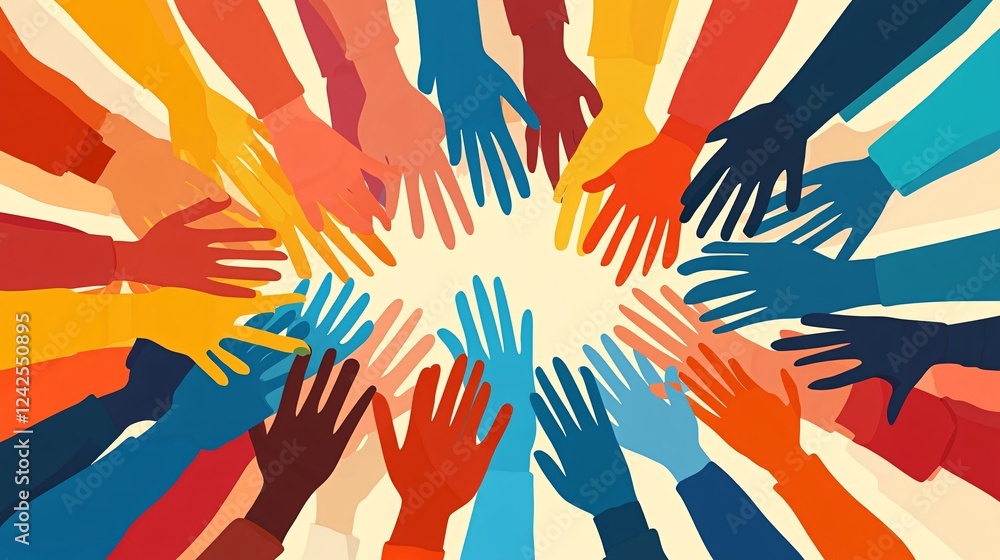 Poster many diverse hands joining together in a circle shape forming a connection and partnership