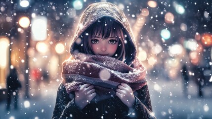 A stylish young girl with long brown hair wears a hooded coat and a patterned scarf standing on a snowy street at night with falling snowflakes.