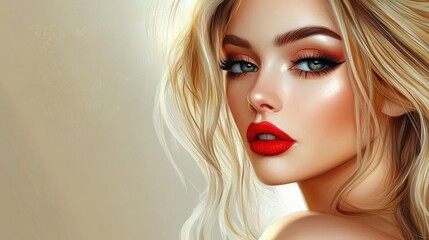 Fototapeta premium Stylish portrait of a young elegant blonde woman with striking red lips and flawless makeup against a soft neutral background highlighting beauty and fashion.