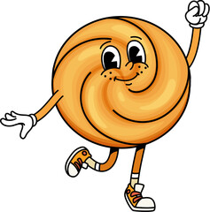 Funny groovy cartoon cookie dessert character. Isolated vector comic bakery and pastry retro personage wearing sneakers, dancing with a cheerful expression and raised fist, captures a sense of joy