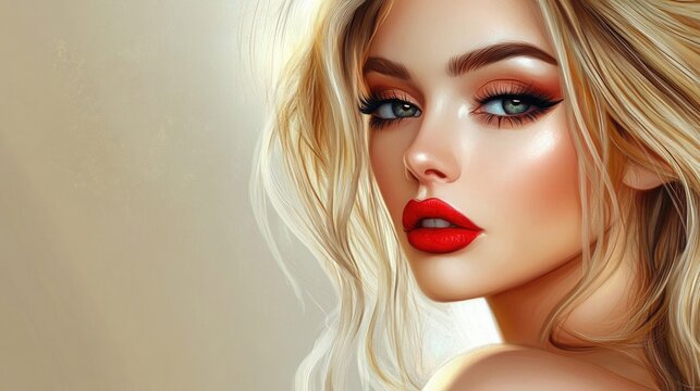 Stylish portrait of a young elegant blonde woman with striking red lips and flawless makeup against a soft neutral background highlighting beauty and fashion.