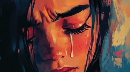 Emotionally charged portrait of a young woman with long dark hair, tears streaming down her freckled cheeks, captured in warm earthy tones.