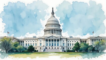 Fototapeta premium Stunning Watercolor Painting of the United States Capitol Building in Washington D.C., showcasing its majestic architecture and surrounding landscape.