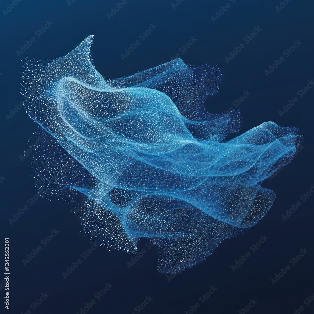 Poster abstract flowing blue particle cloud on dark backdrop, tech background, data visualization, modern d
