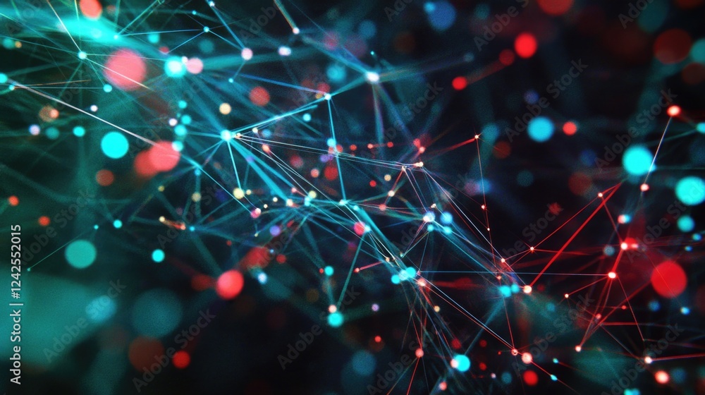 Poster abstract digital network visualization with colorful nodes and interconnected lines in shades of blu