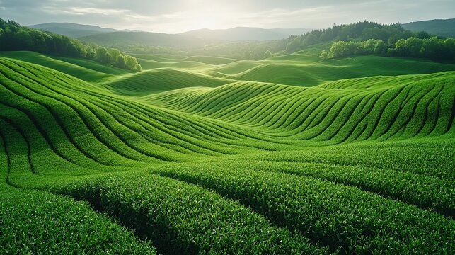 Sunrise over terraced tea fields in rolling hills