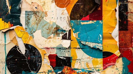 Fototapeta premium Abstract collage with torn paper, textured backgrounds, and bold typography