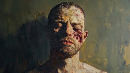 Wounded man portrait illustrating resilience and vulnerability with dramatic lighting and an earthy color palette, emphasizing emotions and physical scars.