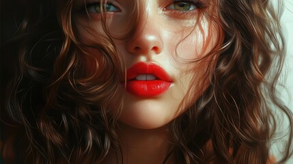 Fototapeta premium Close-up portrait of a young girl with beautiful natural curly brunette hair and striking red lips, showcasing vibrant green eyes and a soft, glowing complexion.