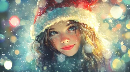 Cheerful young girl wearing a festive red Santa hat with blonde wavy hair, surrounded by colorful bokeh and falling snowflakes in a winter wonderland.