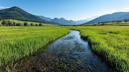 Obraz premium A stream running through a lush green field with mountains in the background