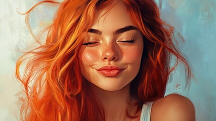 Vibrant Portrait of a Young Woman with Freckled Skin and Long Wavy Orange Hair Playfully Winking Against a Soft Blue Background
