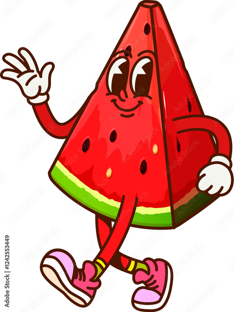 Poster Groovy cartoon watermelon piece walking happy character. Fresh and juicy dessert groovy isolated vector mascot. Summer delicious fruit happy character or watermelon cheerful personage waving hand