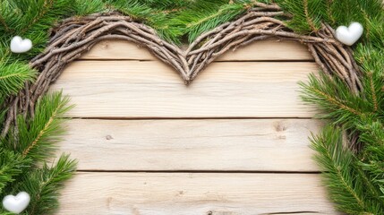 Rustic Heart Wreath with Pine and White Hearts on Wood