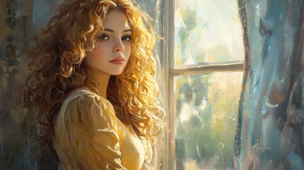 Contemplative woman with curly hair gazing out of a sunlit window in a serene indoor setting reflecting deep emotions and tranquility.