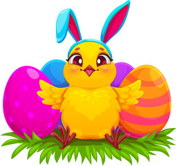 Cartoon Easter eggs, chick character wearing rabbit ears. Farm chick bird cheerful personage, Easter holiday small hen animal or spring newborn chicken vector character with colorful Easter eggs