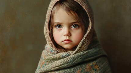 Fototapeta premium Mournful expression of a preschool-aged girl with long brown hair wrapped in a colorful shawl, set against a soft neutral background.