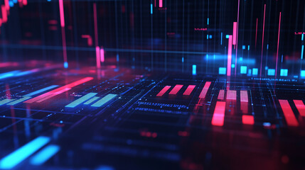 An abstract stock market chart features blue and red bars alongside a line graph, representing financial data analysis in 3D rendering.